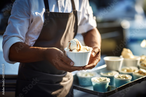 Chef serving ice cream with caramel in paper cup