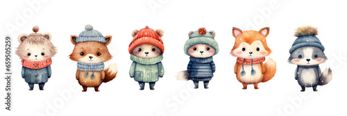 Vector set watercolor winter animals in sweater and warm hat, scarf design for new year card, merry christmas card, cute bear character isolated on white winter animals trendy cute  