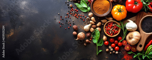 Black stone cooking background, Gourmet Cuisine: Aromatic Spices and Organic Vegetables for Delicious Meals , Spices and vegetables, Top view Free space, Kitchen Essentials: Culinary Herbs 
