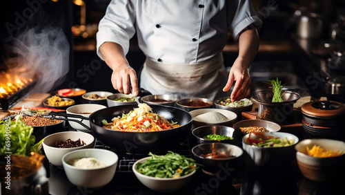 Chef cooking asian food in a kitchen