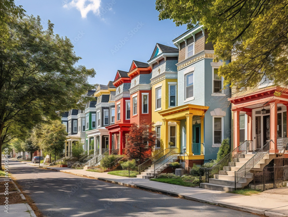A lively row of vibrant townhouses, displaying a spectrum of colors in a lively neighborhood.
