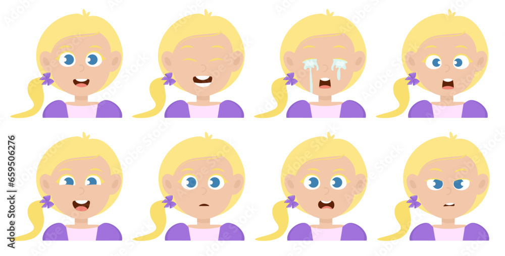 Cute little blonde hair girl avatar with different facial expression Cute little blonde hair girl avatar with different facial expression
