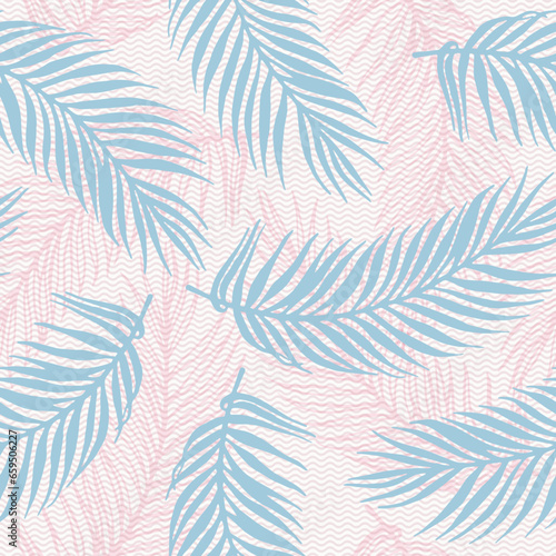 Repeat exotic palm leaves vector pattern. Botanical elements over waves texture