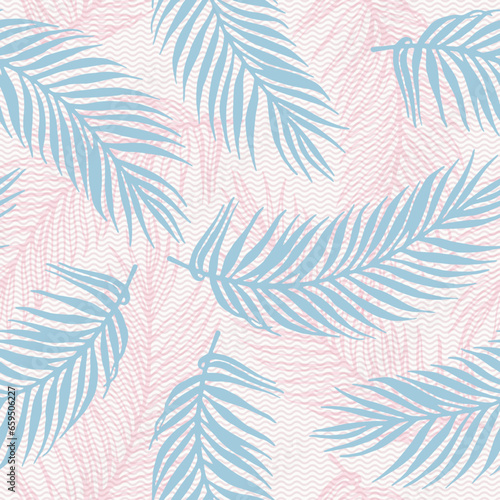 Repeat exotic palm leaves vector pattern. Botanical elements over waves texture