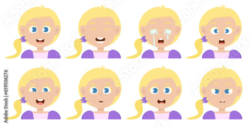 Cute little blonde hair girl avatar with different facial expression