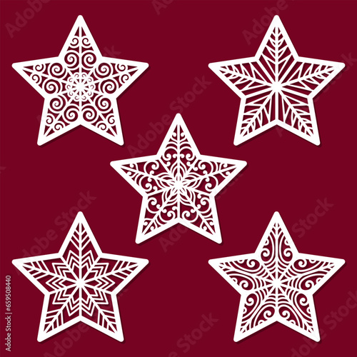 Christmas stars. A set of templates for laser cutting from paper, cardboard, wood, metal. For the design of Christmas and New Year decorations, cards, stickers, interior elements. Vector