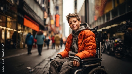 Gen Z boy in a wheelchair in the city
