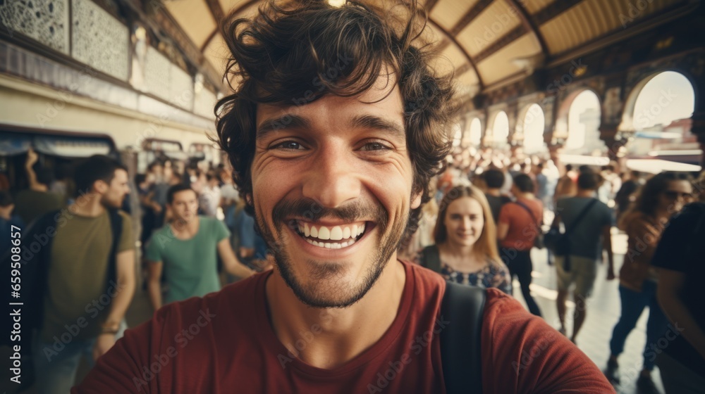 Tourists take selfies with smartphones in Park Guell, Barcelona, Spain - Man smiling on vacation