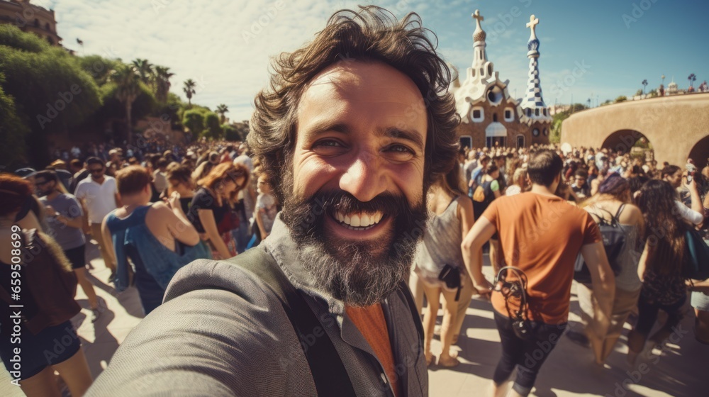Fototapeta premium Tourists take selfies with smartphones in Park Guell, Barcelona, Spain - Man smiling on vacation