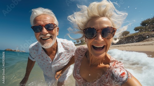 Happy senior couple running along ocean sea coast on summer day © sirisakboakaew