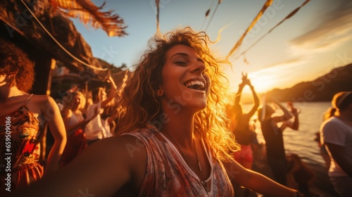 Group of multiracial friends having fun dancing at sunset beach party Happy young people enjoying the music festival photo