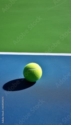 Tennis ball on tennis court with copy space. Green and blue background. Sports life.