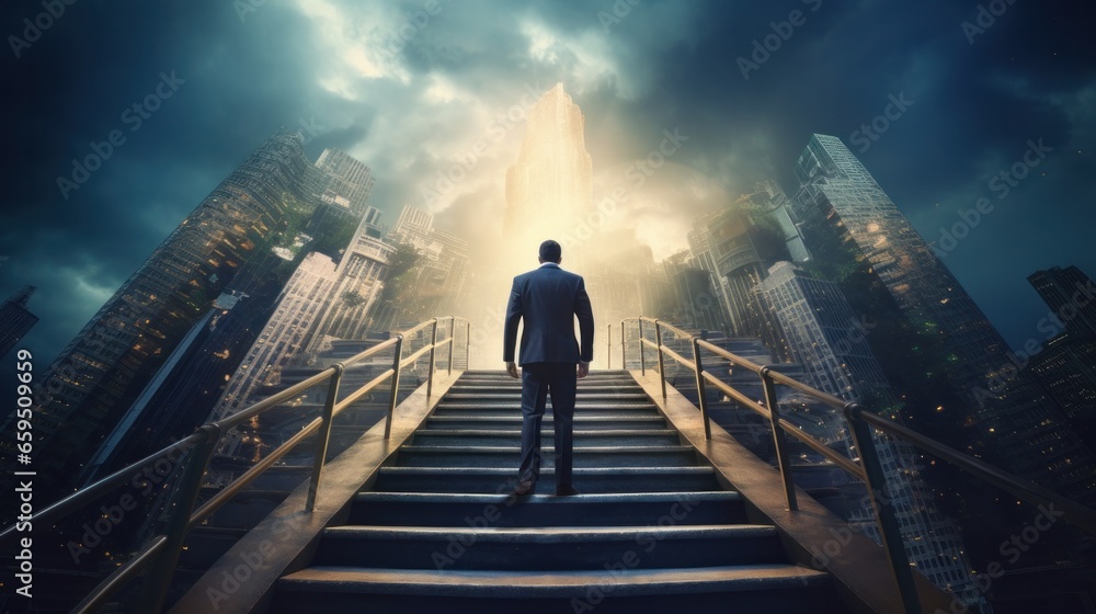 Fototapeta premium business male stand and feel happy on the most hight at the target, success, leader, teamwork, target, Aim, confident, achievement, goal, on plan, finish, generate by AI