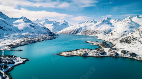 Aerial view of a turquoise mountain lake, surrounding greenery, snow - capped mountains in the distance