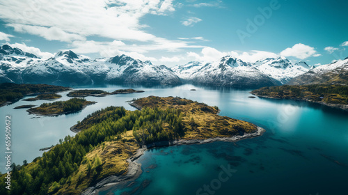 Aerial view of a turquoise mountain lake  surrounding greenery  snow - capped mountains in the distance