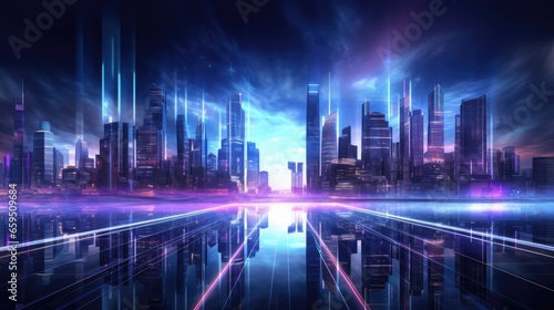 cityscape with space and neon light effect. Modern hi-tech, science, futuristic technology concept. Abstract digital high tech city design for banner background