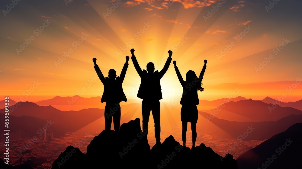 Silhouette of business team stand and feel happy on the most hight at stand on sunset, success, leader, teamwork, target, Aim, confident, achievement, goal, on plan, finish, generate by AI