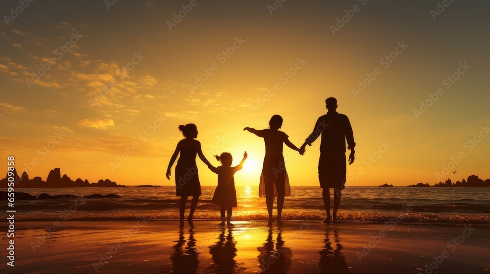 Fototapeta premium Silhouetted Happy Asian Family Playing And Having Fun On The Beach At Sunset. Recreation, relax, holiday, vacant time.