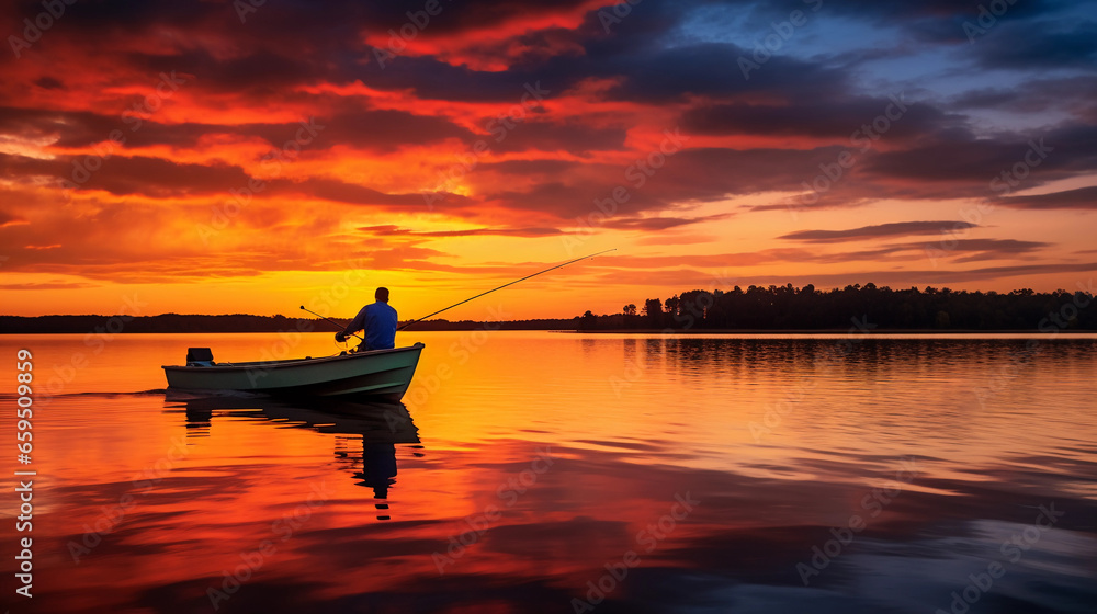 Vibrant lakeside sunset, silhouette of a lone fisherman on a boat, colors reflecting on the water, intense sky