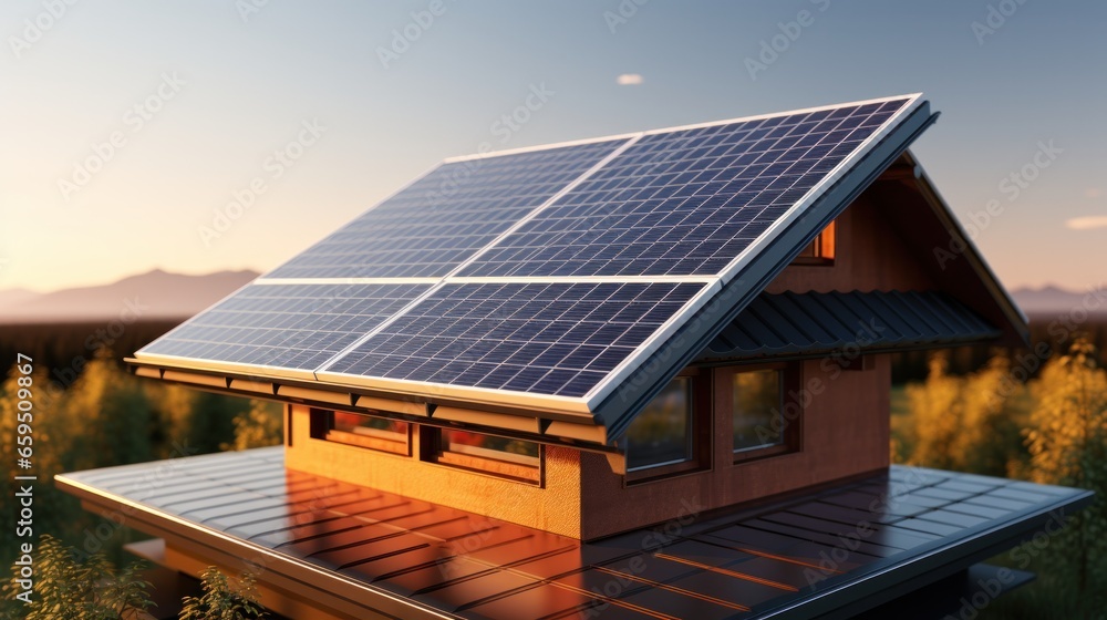 Naklejka premium Solar panel on factory or house roof top. Photovoltaic power supply systems. Solar power plant. The source of ecological renewable energy, environment, power, technology