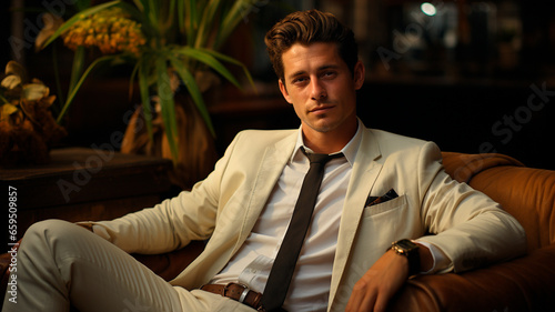 young handsome man with brown shirt sitting at luxury vintage interior.