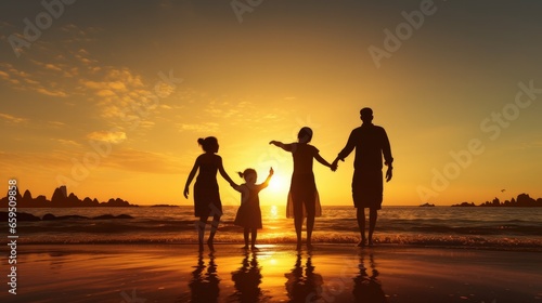 Silhouetted Happy Asian Family Playing And Having Fun On The Beach At Sunset. Recreation, relax, holiday, vacant time.