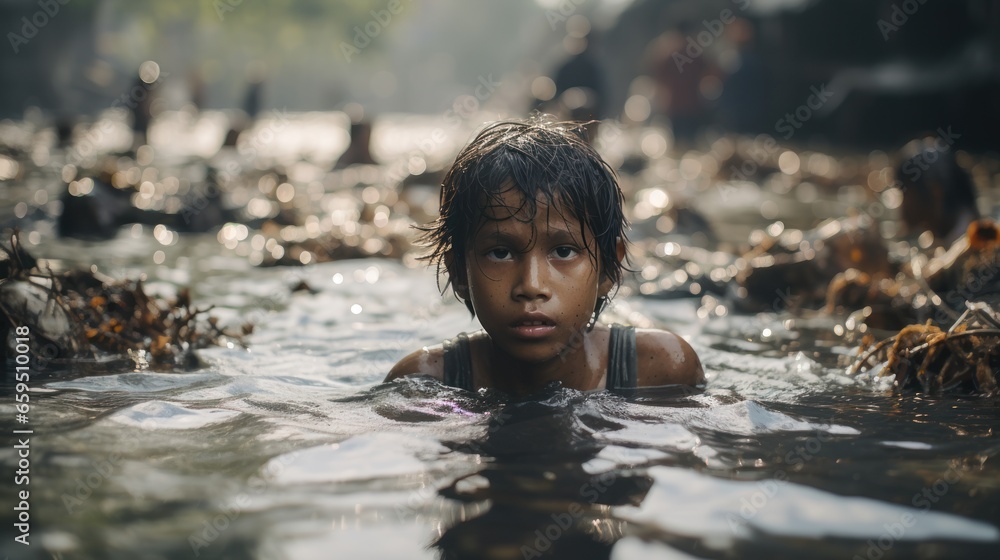 Asian children swim in a river full of waste Asian children swim in a river full of waste