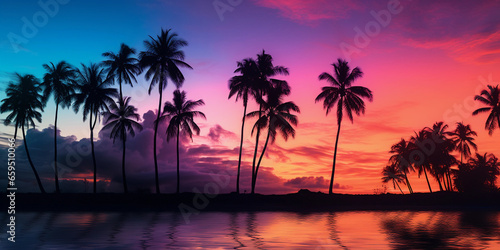 Silhouettes of palm trees, glowing sunset behind, richly saturated colors, ocean backdrop, double exposure effect, dramatic sky © Gia