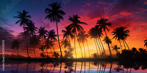 Silhouettes of palm trees  glowing sunset behind  richly saturated colors  ocean backdrop  double exposure effect  dramatic sky