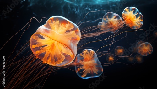 Photo of a mesmerizing group of jellyfish gracefully swimming in the sea