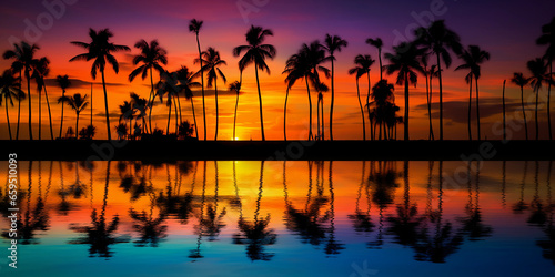 Silhouettes of palm trees, glowing sunset behind, richly saturated colors, ocean backdrop, double exposure effect, dramatic sky