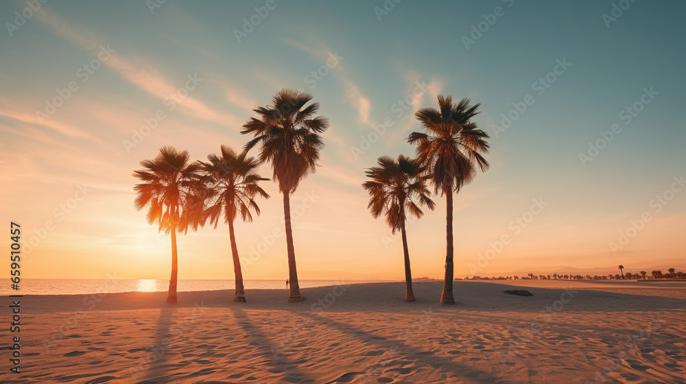 golden hour, a cluster of five palm trees swaying slightly in the breeze, long shadows stretching across white sand, warm tones, sky with minimal clouds