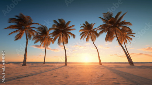 golden hour, a cluster of five palm trees swaying slightly in the breeze, long shadows stretching across white sand, warm tones, sky with minimal clouds