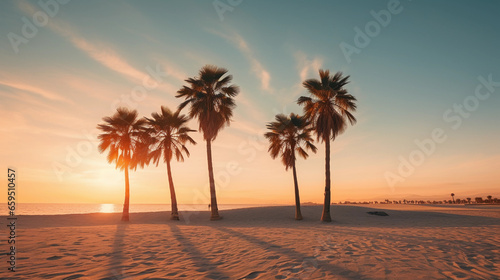 golden hour  a cluster of five palm trees swaying slightly in the breeze  long shadows stretching across white sand  warm tones  sky with minimal clouds