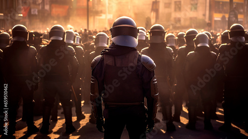Back turned view of a team riot police during street protests. Generative AI photo