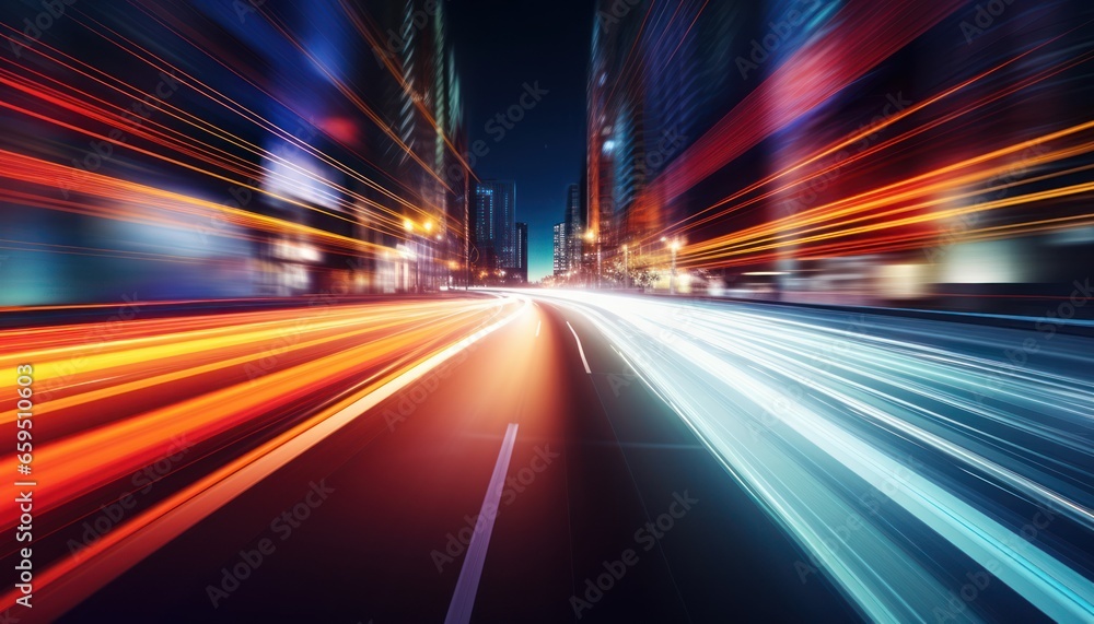 Photo of a bustling city street at night with blurred lights and movement