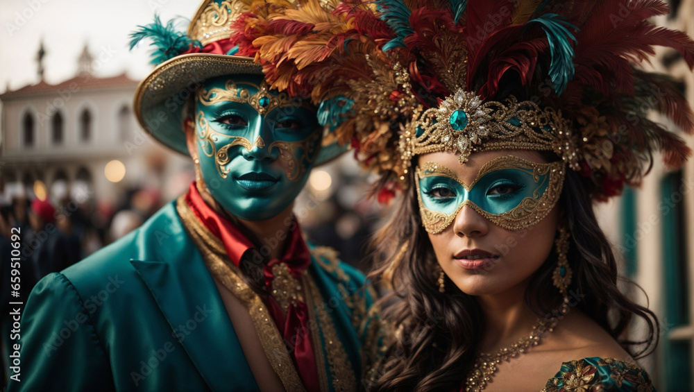 Bellissima coppia con maschere e costumi a una festa del carnevale di Venezia - obrazy, fototapety, plakaty 