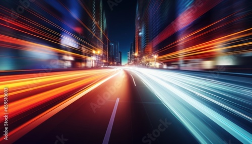 Photo of a bustling city street at night with blurred lights and movement
