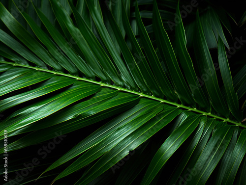 Palm tree leaves  macro shot  intricate texture details  soft  muted green and earthy tones  isolated on a black background