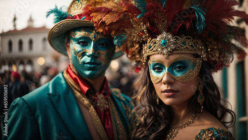 Bellissima coppia con maschere e costumi a una festa del carnevale di Venezia