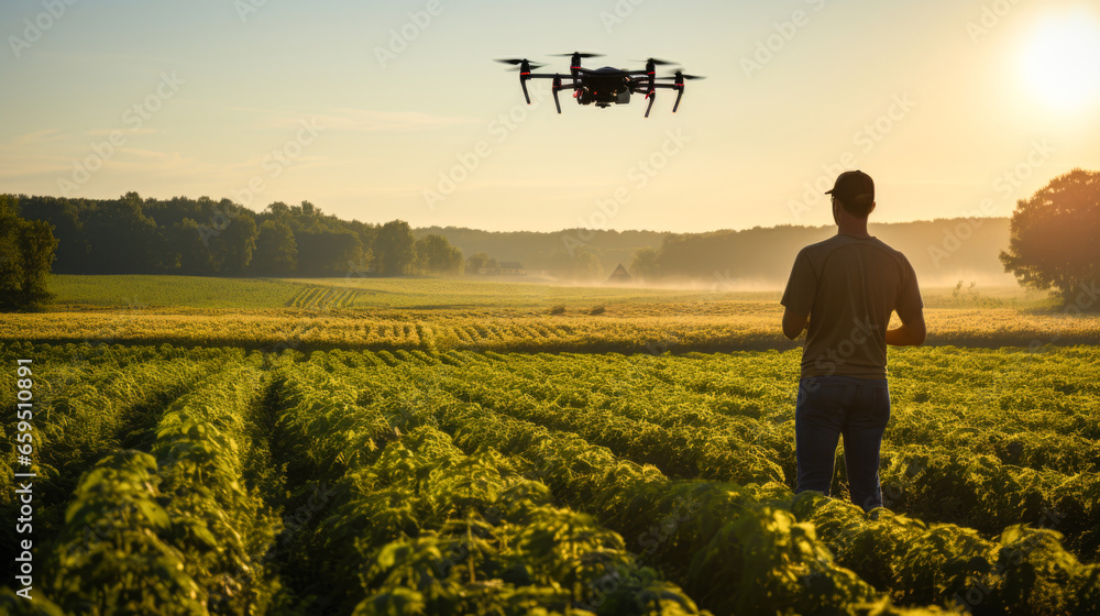 Farmer inspecting crops with drone - obrazy, fototapety, plakaty 