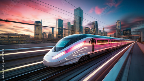 Modern bullet train, sleek and silver, speeding through a futuristic cityscape, neon billboards, twilight sky, motion blur to convey speed