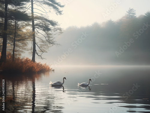 Misty morning at a forested lake, swans gliding, fog enveloping trees, mystical atmosphere