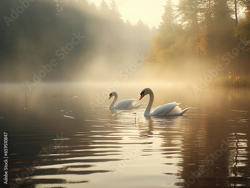 Misty morning at a forested lake, swans gliding, fog enveloping trees, mystical atmosphere