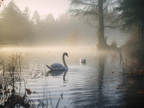 Misty morning at a forested lake  swans gliding  fog enveloping trees  mystical atmosphere
