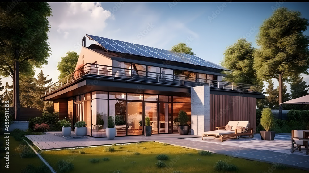 Sustainable Living: 3D Modern House with Solar Panel and Garden Mock-Up