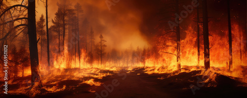 Huge flames of fire in big forest.