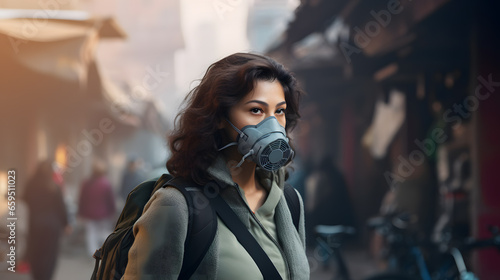 Health Hazards of Air Pollution: Woman in N95 Respiratory Mask