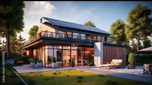Sustainable Living: 3D Modern House with Solar Panel and Garden Mock-Up © Abzal