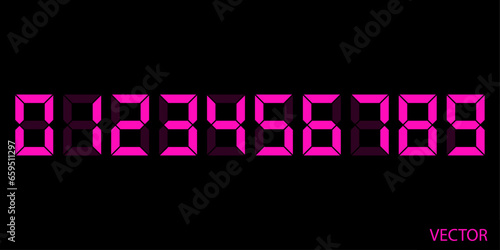 Zero to Nine Pink digital electronic clock numbers set. LCD LED digit set for the counter, clock, calculator mockup in flat style design for website, app, UI, isolated on black background. Vector file